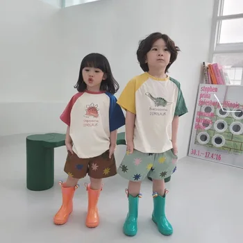 Kórejský Štýl Raglan Rukáv, Krátke Sleeve T-shirt 2023 Chlapci a Dievčatá Voľné Posádky Krku Top Fashion