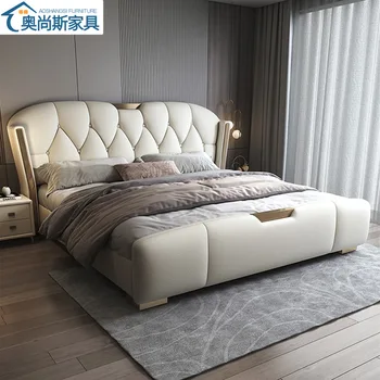 Taliansky ľahké luxusná kožená posteľ, 1.8 m spálňa manželská posteľ, moderný minimalistický kožené umenie posteľ, 1,5 m vysoká box úložný posteľ