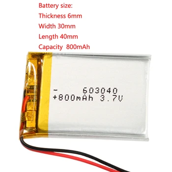 Nabíjateľná 603040 Li-Ion Lipo akumulátor 3,7 v 800mah Pre Gps, Dvd Selfie Stick Bluetooth Reproduktor Headset