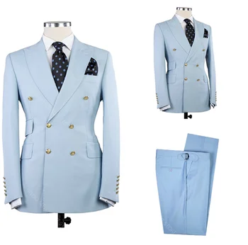 2023 Jar Sky Blue Muži Obleky Slim Fit 2 Kus Double-Breasted Sako Mužské Oblečenie Svadobný Oblek, Kostým Pre Mužov Homme Set