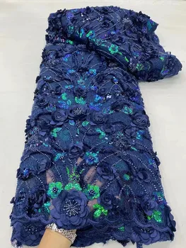 Modrá Sequined Dizajnu francúzskej 3d Kvet Čipky Tkaniny, Výšivky Afriky Oka Textílie, Čipky S Flitrami Kameň Textílie Na spoločenské Šaty
