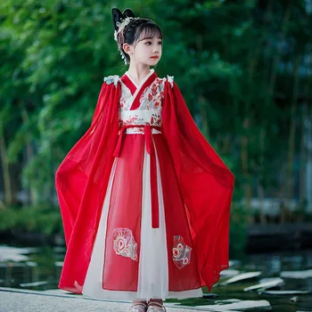 Čínsky Štýl, Chlapec, Dievča, Červená Výšivky Hanfu Cosplay Princezná Kostýmy Víla Šaty Fáze Nosenie Ľudové Tanečné Šaty pre 3 13yrs