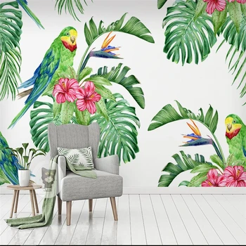 wellyu Tropické akvarel kvety a vtáky pozadí steny vlastné veľké nástenné zelená tapeta abstraktných de parede para quarto