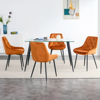 Kuchyňa, Jedáleň Kovové nohy Sklenený Stôl Set 4 ks orange velvet textílie, jedálenské stoličky Pre obývaciu izbu reštaurácia nábytok