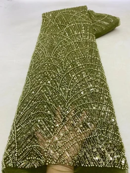 Najnovšie Európskej Luxusné Afrike Výšivky oka čipky Svieti Flitrami Výšivky 3D kvet Tylu Čipky s korálkami Večerné Šaty