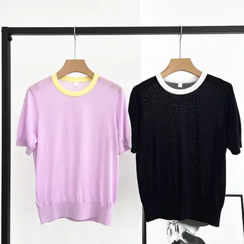 Naizaiga 100 % hodváb O-krku fialová čierna patchwork krátkym rukávom letné Ženy T-shirt pulóvre NY67