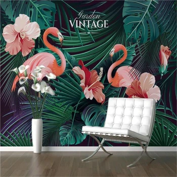Vlastné tapetu ručne maľované tropické listy flamingo gauč TV joj stene obývacej izby, spálne, nástenná maľba 3d tapety