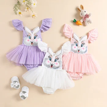 Detská Baby Dievčatá Veľkonočné Romper Šaty Bunny Hlavu Výšivky Lietať Rukáv Tylu Sukne Lem Kombinézu Letné Oblečenie Jumpsuit