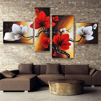 4 Panel Umelecké Plátno Ručne Maľované Červené Kvety Olejomaľba Ručné Kvet Maľovanie Cuadros Dekorácie Pre Obývacia Izba Bez Rámu