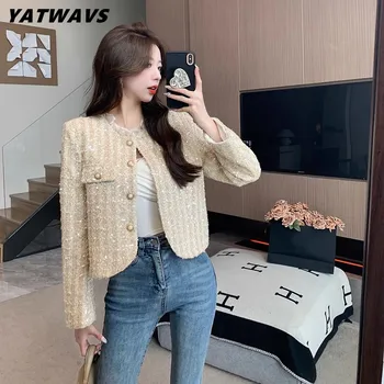 Kórejský Elegantné Ženy Tweed Základné Bunda, Kabát Ženy Oblečenie Dráhy Prehrabať Patchwork Sladké Sequin Bežné Vlnené Vrchné Oblečenie