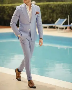 Najnovšie Dizajnové Svetlo Modré Pánske Svadobné Tuxedos Ženícha Nosenie Business Party, Ples Najlepších Mužov Sako Masculino Slim Fit (Bunda+Nohavice)