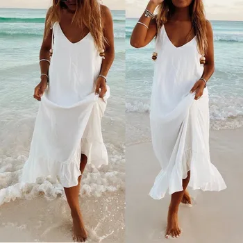 Ženy Boho Letné Šaty bez Rukávov Backless Biela Pevná Sexy tvaru Maxi Pláži Camis Prehrabať Voľné Šaty Plus veľkosť Vestidos