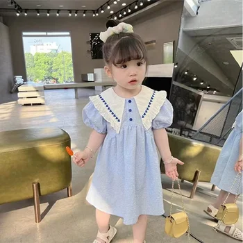 Dievčenské Šaty Poukázal Golier Tlač Zobraziť Princezná Šaty 2023 Letné Šaty, Nové detské Oblečenie
