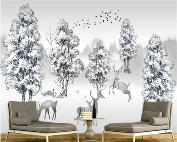 beibehang, TV joj, tapety 3D nálepky na stenu, tapety spálne dekorácie, Nordic štýl čierny a biely les elk tapety