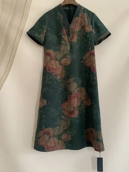 Ženy Lete Hodváb Bežné Šaty Elegantné oblečenie Šaty V Krku Kvetinový dámske Šaty Vintage Vestido