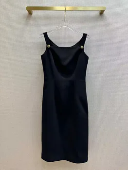 Nové Letné Francúzsky Elegantné Tlačidlá Bez Rukávov Podväzkové Čierne Šaty Ženy Móda Slim Fit Dlhé Šaty