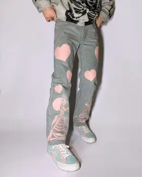 Y2K Nohavice Ženy Hip Hop Vytlačené Džínsy Neforemné Čierna Denim Nohavice Rovné Nohavice na Jar Streetwear Mužskej Dna Módne kórejského