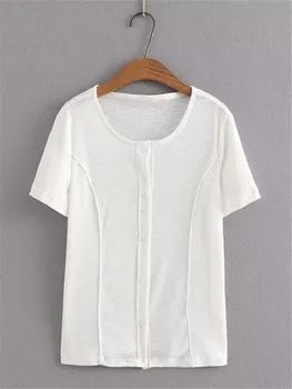 Plus Veľkosť Oblečenie pre Ženy Lete Posádky Krku Farbou Úsek Pletené T-Shirt Textílie Cardigan S Buttoned Placket Patchwork