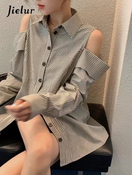 Jielur Jeseň Pruhované Tričká Ženy Kórejský Módne Y2k Oblečenie S Dlhým Rukávom Bežné Elegantné Blúzky, Ženy Dizajn Top Office Lady