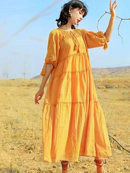 Khalee Yose Vintage Boho Žltá Midi Šaty O-krku Strapce Viazané Čipky Lístkového Rukáv Ženy Volánikmi Dovolenku Bežné Dámy Šaty