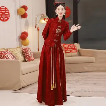 Čínsky Toast Šaty Nevesta Červené Víno Cheongsam Zimné Nový Štýl zvyčajne môžete nosiť ušľachtilý temperament Xiuhe Šaty Dievča.