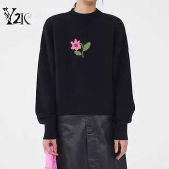 Y2K oblečenie kvet príležitostné voľné základné knitwears pulóvre pre ženy, jeseň, zima dlhý rukáv kvetinové Výšivky gotický svetre Z