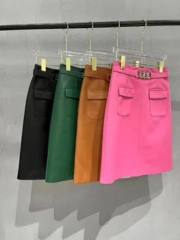 Kórejský Módne Midi Sukne Pre Ženy 2022 Nové Originálne Kožené Cargo Sukňa Vysoká Strede Zúžený Office Dámy Streetwear