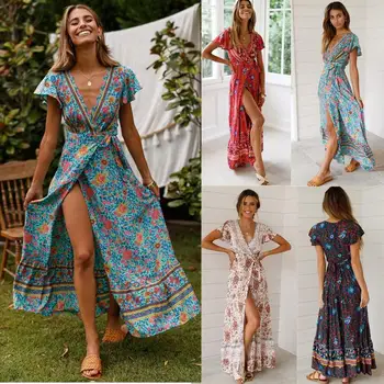 Európske a Americké móda na jar a leto bežné hot predaj resort tlač sexy šaty dlhé sukne dámske oblečenie