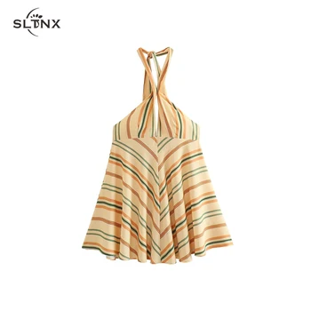 SLTNX Módne Pruhované Šaty pre Ženy 2023 Lete Žena Bežné Mini Šaty Dámske Elegantné, Elegantné Závesné Krku A-Line Šaty