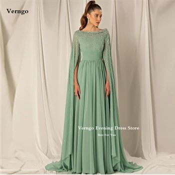 Verngo Dubaj Arabské Ženy Formálne Večerné Šaty Dlhé Cape Rukávy Korálky Sequin Lopatka Krku Šifón Sage Green Prom Šaty