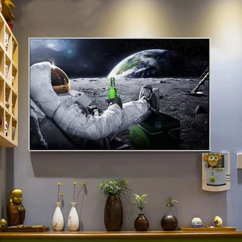 Vtipné Plátne Obrazy Astronaut Relaxačné v kozmickom Priestore Mesiac Pitie Piva obrazov na Stenu HD Tlačených Plagáty pre Obývacia Izba