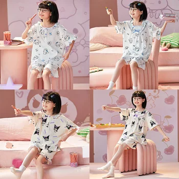 Kawaii Anime Sanrios Letné Pyžamo Roztomilý Kreslený Kuromi Cinnamoroll Bublina Bavlna Krátky Rukáv Šortky Nastaviť Deti, Oblečenie Pre Voľný Čas