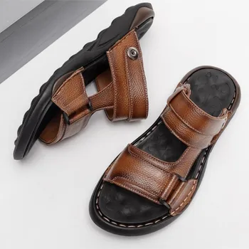 Muži cowhide kožené sandále nové letné rekreačné sandále non-slip mäkké soled pláže topánky M440