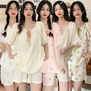 2023 Leto, 100% Bavlna, Tlač Krátke Šortky Pajama Sady Pre Ženy Kórejský Roztomilý Sleepwear Oblečenie Pre Voľný Čas Pijama Mujer Domáce Oblečenie