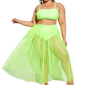 FS Ženy Zelené Plus Veľkosť Dlho Halena Sukne Kryt Ups Bikini Set Lady Split Bandeau Vysoký Pás Plavky, Plavky Tri Kusy 2022