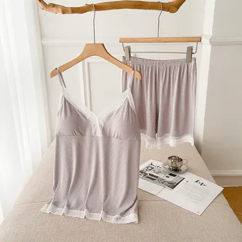 Bežné Pyžamo dámske Nastaviť American Fashion Podväzky Šortky Dvoch-Dielny Set Rebrový Úplet Šnúrkou Farbou Nastaviť