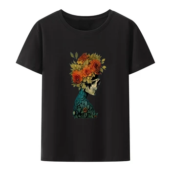 Jedinečný Kvet Lebky Estetické Portrét Modálne Print T Shirt Ženy Lumbálna Pohodlné Pohode Topy Zábavné Kreatívne Y2k Vzor Tees