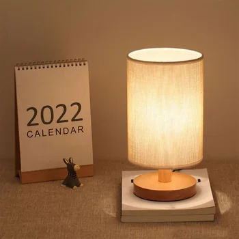 Stolná Lampa USB, Nočné Lampy, Nočné Svetlá pre Spálne Drevené Stolná Lampa Posteli Nočné Svetlo s Valec Tienidlo Lampy Domova