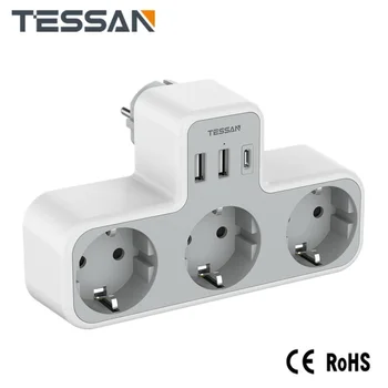 TESSAN EÚ Sieťovej Zásuvky Extender Adaptér s 3 AC Zásuvky 2 USB Porty a 1 Typu C, 6 v 1 Viacero Plug Power Pás pre Domáce