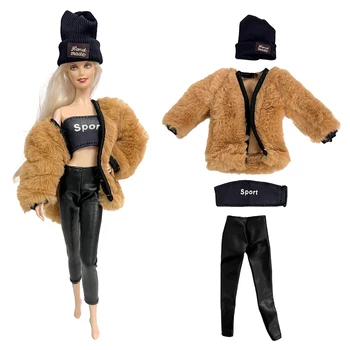NK 1 Nastavte Módne bábiky street štýl oblečenie v zime: cool čierne pletené klobúk+kabát+kabát+nohavice Pre Bábiku Barbie 1/6 Príslušenstvo