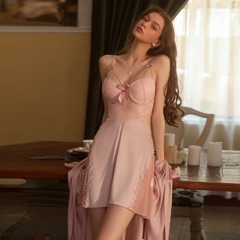 2023 Nové Jarné Módne Ženy Sleepwear Pohodlné Domáce Oblečenie Sexy Oka tvaru Duté Z Čipky Pyžamo Vyhovovali Ružová Nightgowns