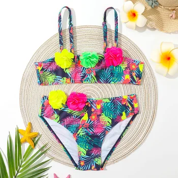 Kvet Nášivka Dievča Plavky Deti Tropických Tlač Batoľa Bikini Set 4-12 Rokov Kus Dvoch Detí, Plavky, plavky 2023