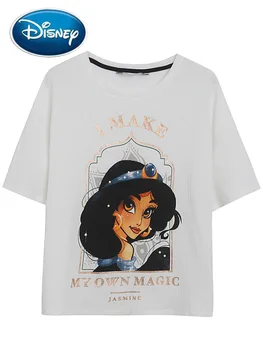 Disney Jasmine Aladdin a čarovná lampa Karikatúra Tlače Biele Tričko Ženy O-Krku Pulóver Krátke Sleeve Tee Topy Lete Žena