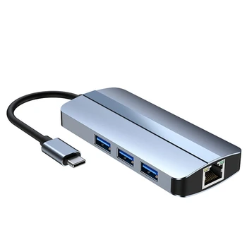 NOVÉ-6-V-1, USB, C Hub Dokovacej Stanice Typu C, USB HUB USB3.0 RJ45 1000Mbps SD TF Card Reader PD 100W Nabíjačka Kompatibilný s HDMI