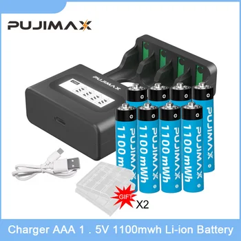 PUJIMAX 4Pcs AAA 1,5 V 1100mWh Li-ion Nabíjateľná Batéria 4 Slot Inteligentný LCD displej, Lithium Batéria, Nabíjačka S Batériou Box+Kábel